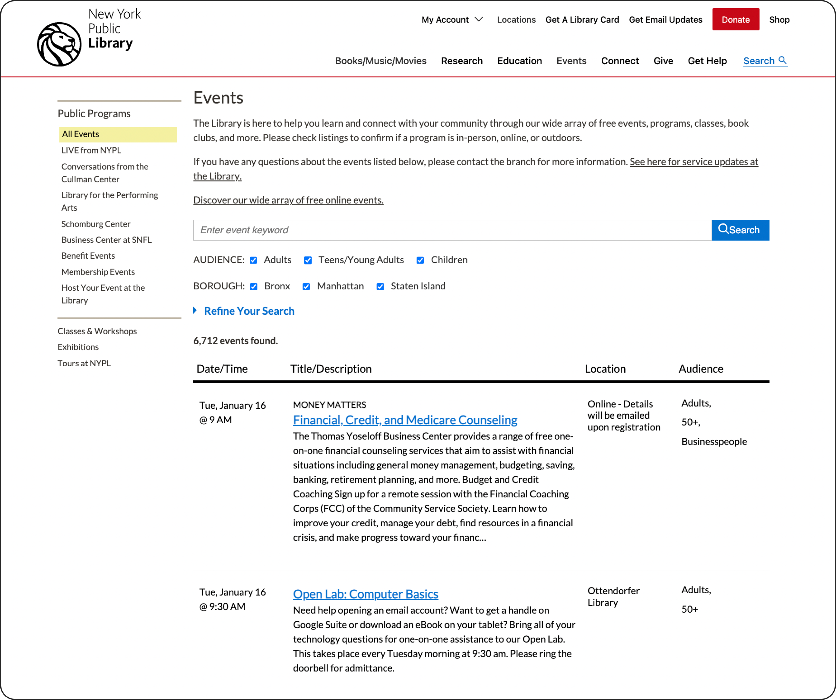 NYPL Event Calendar